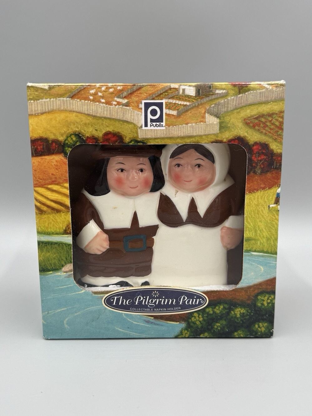 Publix Pilgrim Pair Ceramic Napkin Holder Thanksgiving Figurine
